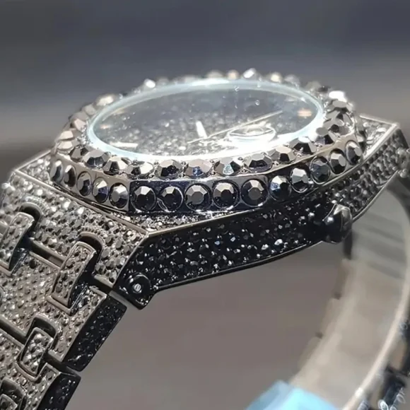 Mens Luxury Full Iced Out Black CZ Hip Hop Blinged-out Watch